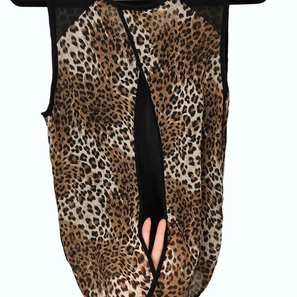 Double Zero Black Brown Animal Print Open Back Slit Sleeveless Top M - Picture 5 of 6